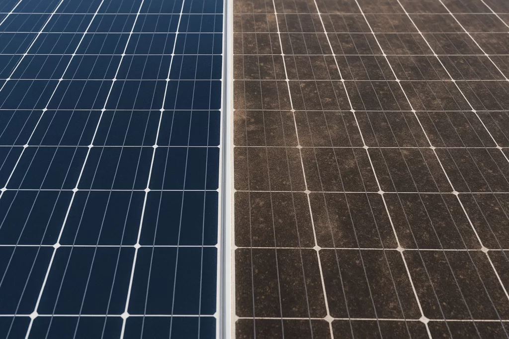 does cleaning solar panels help blog image - clean and dirty comparison of solar panels