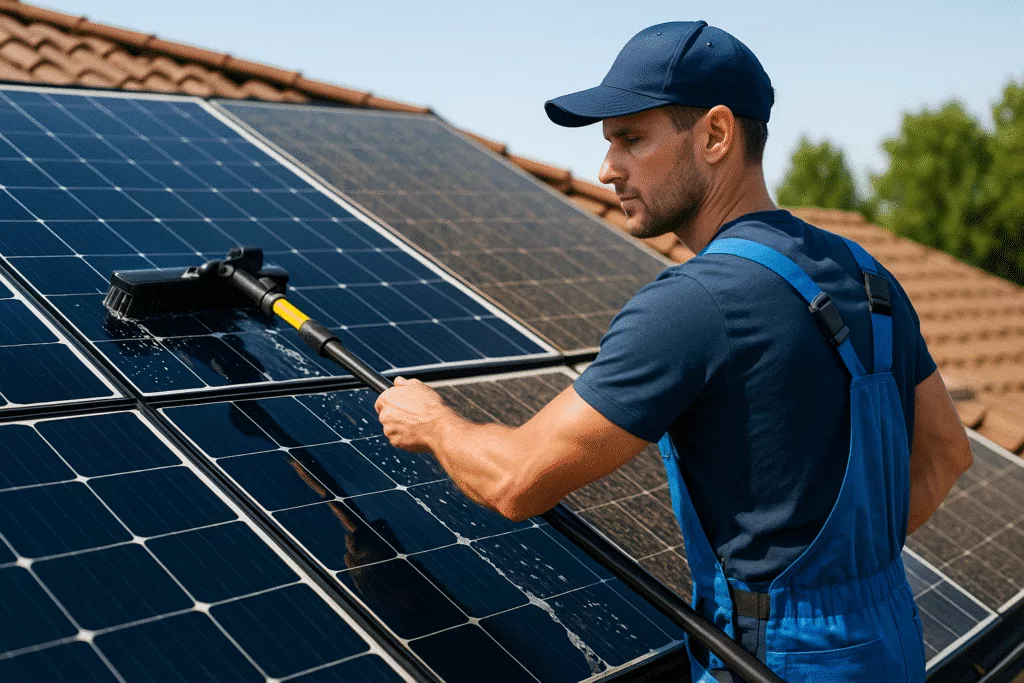 How often should I clean solar panels blog image - man cleaning solar panels. Professional solar panel cleaning