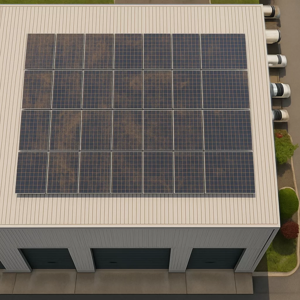Commercial Solar Panel Cleaning Services Image of a warehouse with dirty solar panels