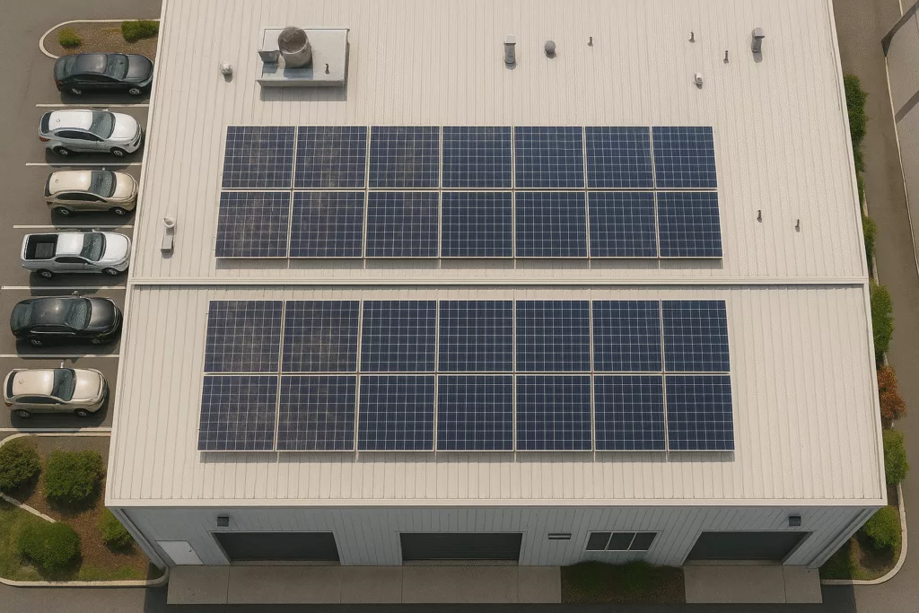 Commercial Solar Panel Cleaning Services Image of a random business with dirty solar panels
