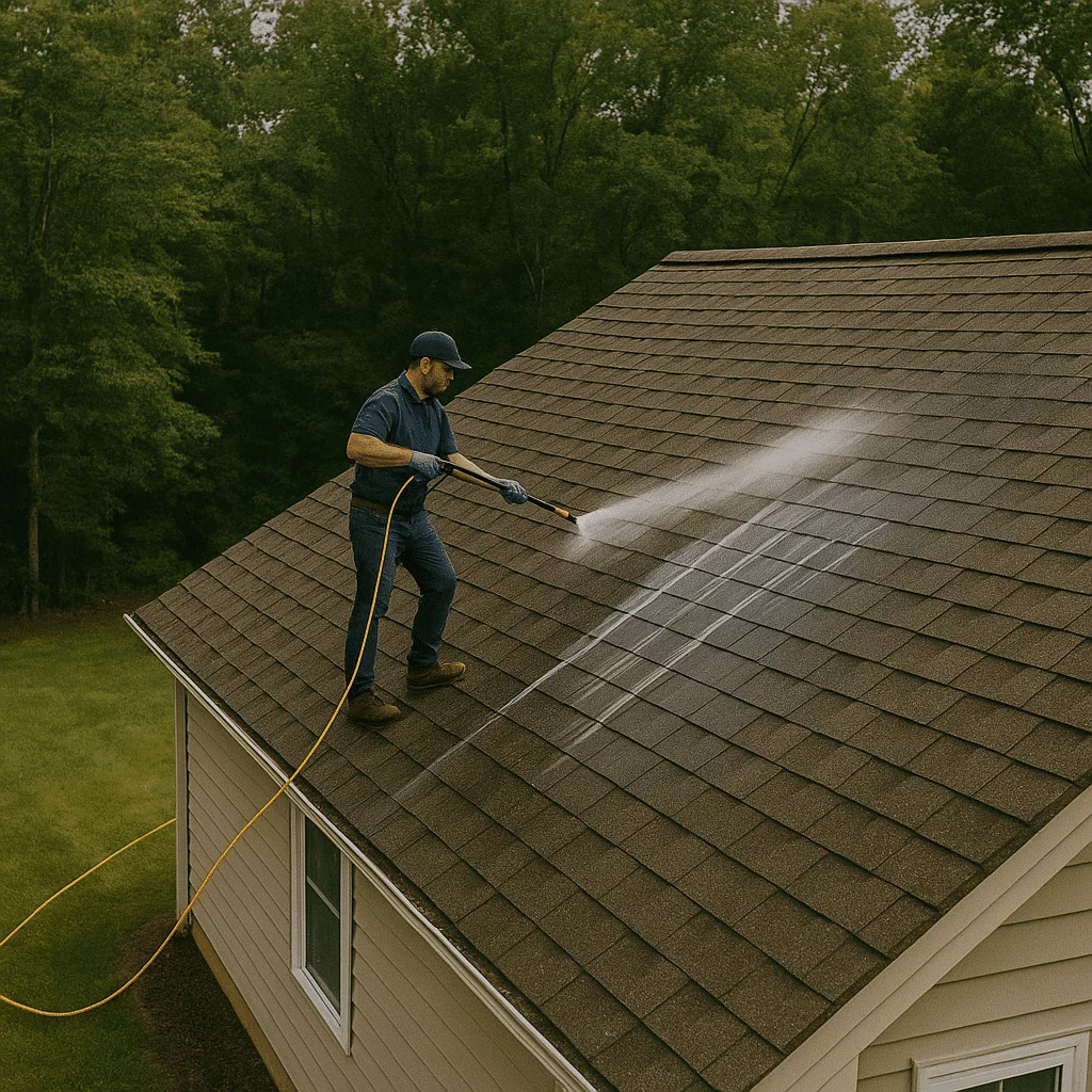 Roof Cleaning Services in Los Angeles page image of a man washing a roof